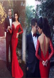 2016 Red Couple Fashion Evening Dresses Mermaid Sheer V NeckBack Long Sleeves Arabic Middle East Style Appliques Lace Prom Gowns9382006