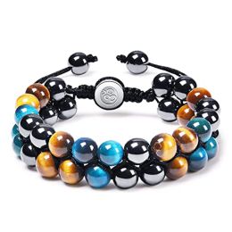 Strands 8MM Natural Tiger Eye Stone Adjustable Bracelet Double Layer Hand Woven Row Strand Beaded Bangles Couple Party Jewellery