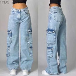 Women's Jeans Streetwear USA New Wash Light Blue Pocket Jeans Y2K Street Fashion Retro Punk High Waist Wide Trousers for Men and Women yq240423