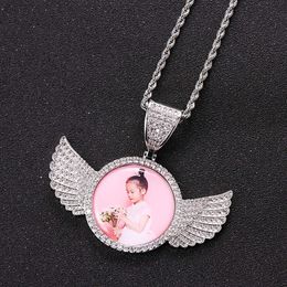 Angel Wings Photo Frame Pendant Full of Zircon Hip Hop Necklace Jewelry