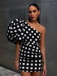 Casual Dresses Sweet Dot Printed Dress Women Stylish Female Irregularity Puff Short Sleeve Mini Est Chic One-shoulder Party Vestidos