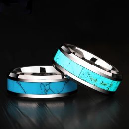 Bands 8mm Wide Silver Colour Polished Stainless Steel Ring Inlay Turquoise Stainless Steel Engagement Wedding Ring Men's Jewellery