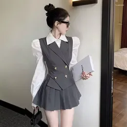 Work Dresses Temperament Suit Vest Pleated Skirt Shirt Three Piece Set Women Bubble Sleeves Double Breasted Korean Fashion Slim Spring