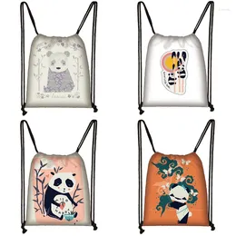 Drawstring Cartoon Panda Print Bag Women Travel Teenager School Brown Girl And Boy Backpack Fashion Female Storage Z