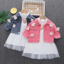 Sets Girls' spring and autumn suit 2022 new girls' cartoon cowboy coat + Long Sleeve Dress twopiece skirt for 04 years old