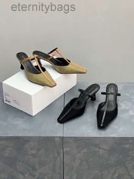 The Row French shoes Genuine High Leather Heels Small Square Head T-shaped Strap Wrapped Half Slippers Muller Sandals Female