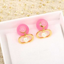 Luxury quality charm stud earring with pink color beads in 18k gold plated have stamp box PEARL PS3481B