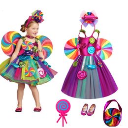 Halloween Cosplay Children Gauze Candy Princess Dress Kids Carnival Party Clothing with Headband