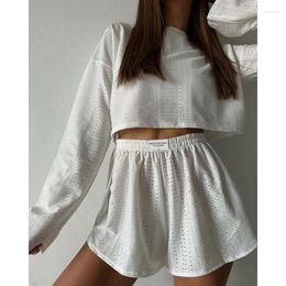 Women's Sleepwear Spring Summer Pyjama Sets For Women Long Sleeve Tops Shorts Suit Hollow Out Loungewear Pyjama Femme Homewear Nightwear