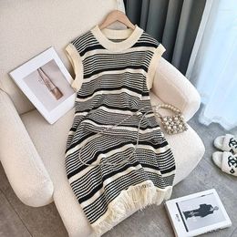 Casual Dresses Stripes Knit Elegant Short Dress Women Sleeveless Skinny Round Neck Bodycon Robe Female Party Clubwear Vestido Mujer Chic