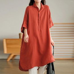 Casual Dresses Women Short Sleeved Cotton Shirt 2024 Summer Solid Colour Long Blouse Tops Dress Loose Lapel Tunic