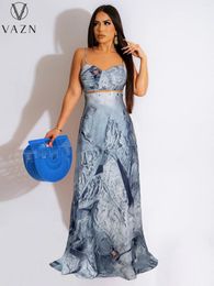 Casual Dresses VAZN 2024 Women Sexy Holiday Style Long Dress Sleeveless Strapless Dew Back Printed Lady Floor Length