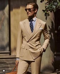 Men's Suits Elegant Khaki For Mens Business Blazer Double Breasted Wedding Groom Tuxedo Slim Fit 2 Piece Jacket Pants Terno Masculinos