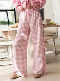 Women's Pants Women Y2K Wide Leg Plaid/Stripe Print Side Tie-Up Loose Trousers Summer Casual Bottoms Aesthetic Streetwear Homewear