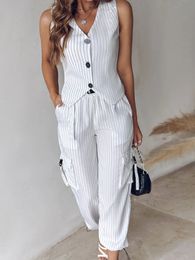 Fashion Casual Striped Printed Vest Suit For Women Summer V-neck Button Top Pocket Loose Pants Outfits Two-piece Suit Women 240408