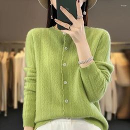 Women's Knits 2024 Spring Women Sheep Wool Coat Knitted Cardigan Lady O-neck Pure Coats