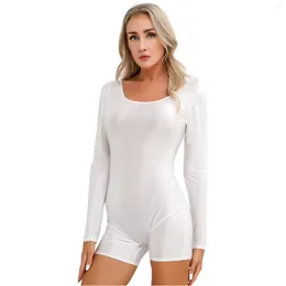 Women's Swimwear Glossy Long Sleeve Bodysuit Stretchy Round Neck Slim Fit Short Jumpsuit Bodybuilding Exercises Fitness