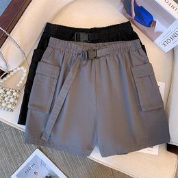 Plus-size womens summer casual shorts Black gray cotton fabric high-waisted shorts Elastic waist design belt double pockets 240423