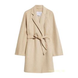 Women's Coat Cashmere Coat Luxury Coat Maxmaras Womens 2024 New Beige Polo Neck Waist Strap Mid Length Cashmere Coat