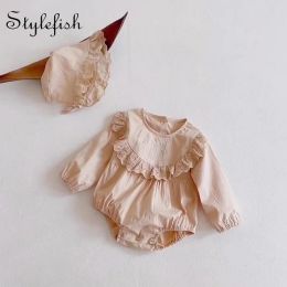 One-Pieces Spring 2022 fashion kids clothing Baby girls embroidered lace collar longsleeved jumpsuit triangle jacket