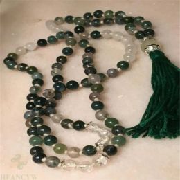 Necklaces 8mm Indian Moss Agates gemstone Knot Tassel Mala necklace Meditation Chakas Unisex MONK Gemstone pray Handmade men natural mala