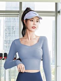 Active Shirts Yoga Wear Women's Long Sleeve Athletic Tops Quick Drying Tight Cropped Crop Cord Bra Pads Cross T-shirts Runnin