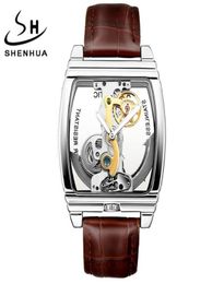 SHENHUA Turbillon Mens Watches Luxury Automatic Mechanical Wristwatch Genuine Leather Belt Transparent Skeleton Male Gold Clock5309103