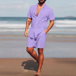 Mens Casual Hawaii Suits Fashion Handsome Solid Color Shirt Beach Shorts 2 Piece Sets Summer Holiday Vacation Seaside Wear 240411