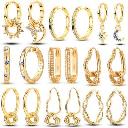 Earrings 925 Sterling Silver Gold Yellow Circular Hoop Earrings Golden Earring Fit Original Charms Diy Fine Jewellery For Fashion Women