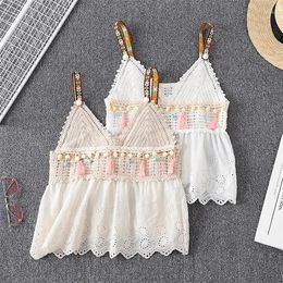 Women's T Shirts Women Girl Strap Camis Lace Crochet Tassel Ruffles Beach Crop Vest Tank Hole Swimwear Sexy Knited Tops Tees Bra Shirt