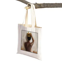 Shopping Bags Casual Beautiful Black Shopper Lady Canvas Tote Handbag Reusable Fashion Cartoon African Girl Bag For Women