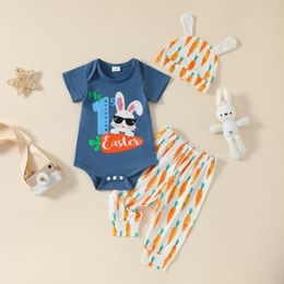 Clothing Sets 0-18M Born Baby Boys Easter Clothes 3Piece Outfit Letter Print Short Sleeve Romper Pant Ear Hat Summer