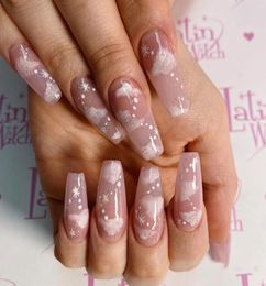 Cute Long Coffin Press on Nails Pink Star Fake Nail Glitter Cloud Ballerina False Fingernail for Women and Girls4695366