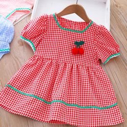 Girl Dresses Girls Summer Dress Children Fresh Lovely Sweet Soft Cotton Plaid Korean Short-sleeved Princess Skirt For