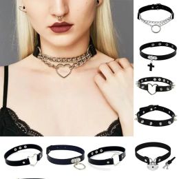 Necklaces 1PC Punk Rock Gothic PU Leather Necklace Heart Round Spike Rivet Collar Studded Choker Chain Necklace 100% Handmade Body Jewellery