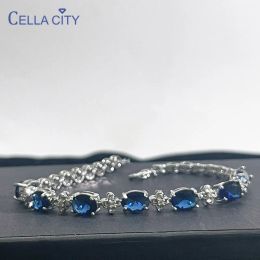 Strands Cella City Luxury 100% 925 Sterling Silver Bracelets For Woman With Blue Sapphire Gemstone Lady Fine Jewelry Wholesale Gift