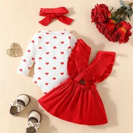 Clothing Sets Baby Girls Valentine S Day 3Pcs Outfit Heart Print Long Sleeve Romper Suspender Skirt Bow Headband Clothes Set