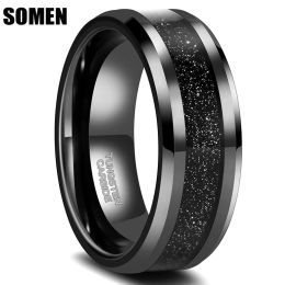 Bands Somen Men's 8mm Tungsten Carbide Ring Black Sandstone Inlay Bevelled Edges High Polished Wedding Band Engagement Ring For Men