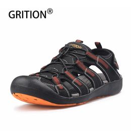 GRITION Men Sandals Summer Casual Beach Flat Shoes Non Slip Hiking Breathable Rubber Clogs Fashion Slippers Closed Toe 240408