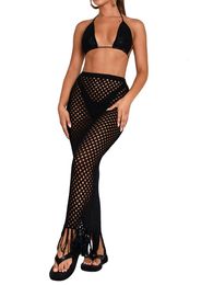 Women's 2 Piece Cover Ups Set Knit Hollow Out Tank Tops and Crochet Skirt Set Summer Beach Bikini Cover Up 240409