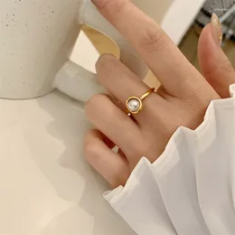 Cluster Rings Fashion Pearl For Women Girls Minimalist Gold Colour Stainless Steel Freshwater Ring Engagement Korea Chic Jewlery