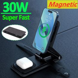 Chargers 30W 3 in 1 Magnetic Wireless Charger Stand Pad for iPhone 14 13 12 Pro Airpod iWatch 8 7 6 Foldable Fast Charging Dock Station
