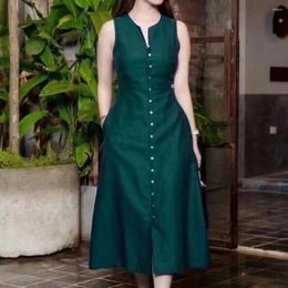 Casual Dresses V-neck Dress Elegant Solid Color V Neck A-line Midi With Pockets Buttons For Women Tight Waist Lady