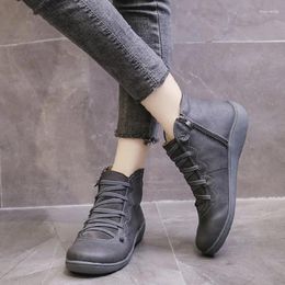 Boots Women's PU Leather Ankle Women Autumn Winter Cross Strappy Vintage Punk Flat Ladies Shoes Woman Botas Mujer777