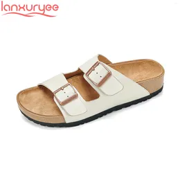 Slippers Lanxuryee 2024 Cow Leather Flat With Mules Slingback Leisure Brand Summer Shoes Peep Toe Platform Comfort Women Outside