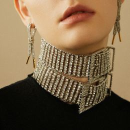 Clips Fashion Belt Buckle Short Choker Necklace Thick Collar Crystal Statement Rhinestone Chunky Necklace Chain for Women Jewelry Gift