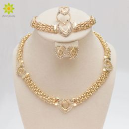 Necklaces Free Shipping Dubai Gold Color Heart Shape Necklace Set Fashion Crystal Wedding Bridal Costume Jewelry Ses