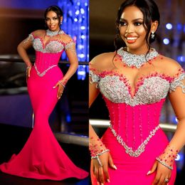 Plus Size Fuchsia Prom Dresses For Black Women Promdress for Special Occasions Illusion High Neck Rhinestones Beaded Birthday Dress Second Reception Gowns AM751