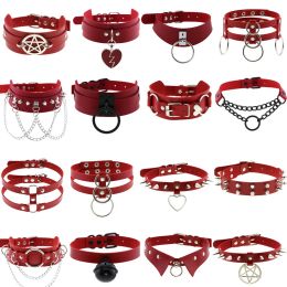 Necklaces DIEZI Men Harajuku Red PU Leather Necklace Choker Women Ladies Punk Gothic Vintage Statement Collar Pendant Necklace New Jewellery