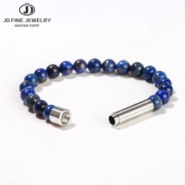 Strands JD Natural Lapis Lazuli Bead Couples Bracelet Women Men Hollow Stainless Steel Put Secret Message Tube Notes Charm Hand Jewellery